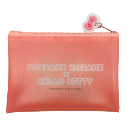 Pink pouch with 'Odekake Kozame x Hello Kitty' text on a white background