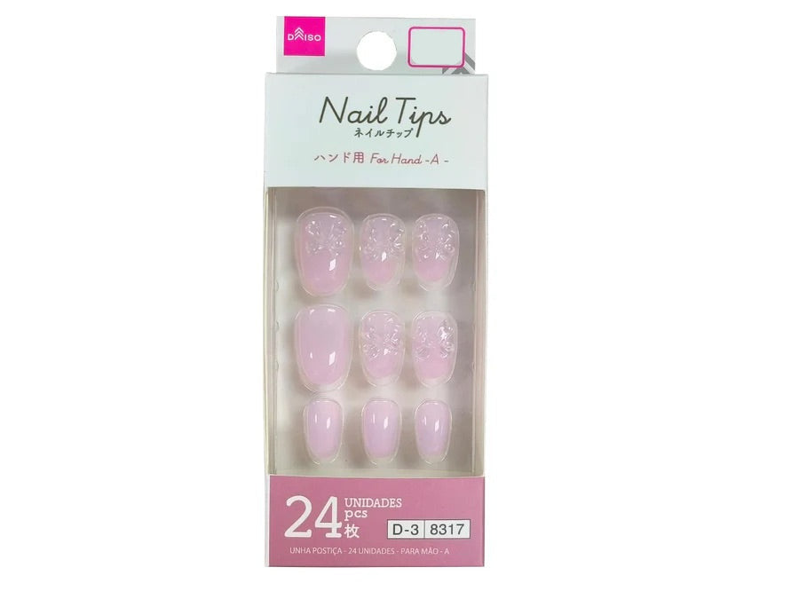 Pack of pink nail tips with packaging on a white background