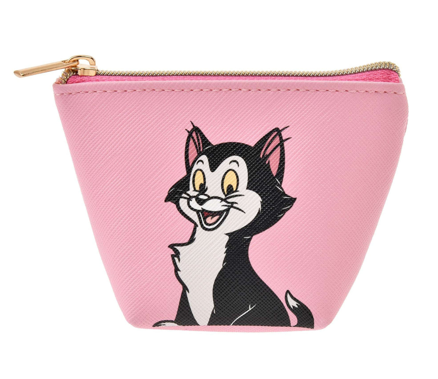 Pink pouch with a cartoon cat design on a white background