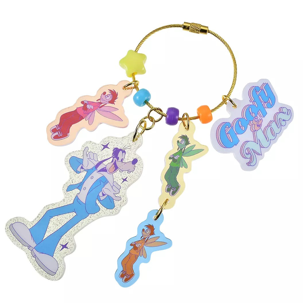 Keychain with cartoon character charms on a white background