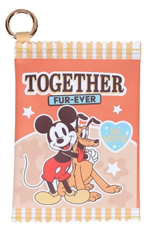 Keychain with cartoon characters and 'Together Fur-Ever' text on a striped background