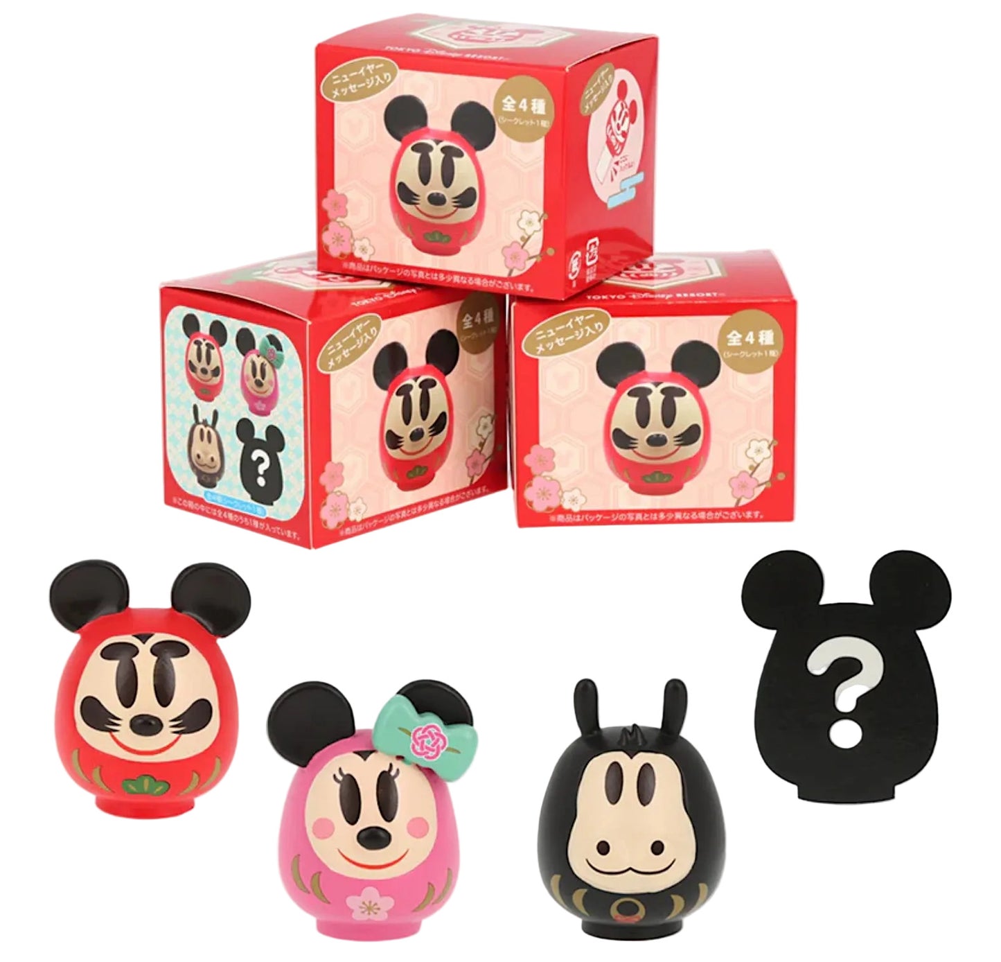 Set of cartoon character figurines with packaging on a white background