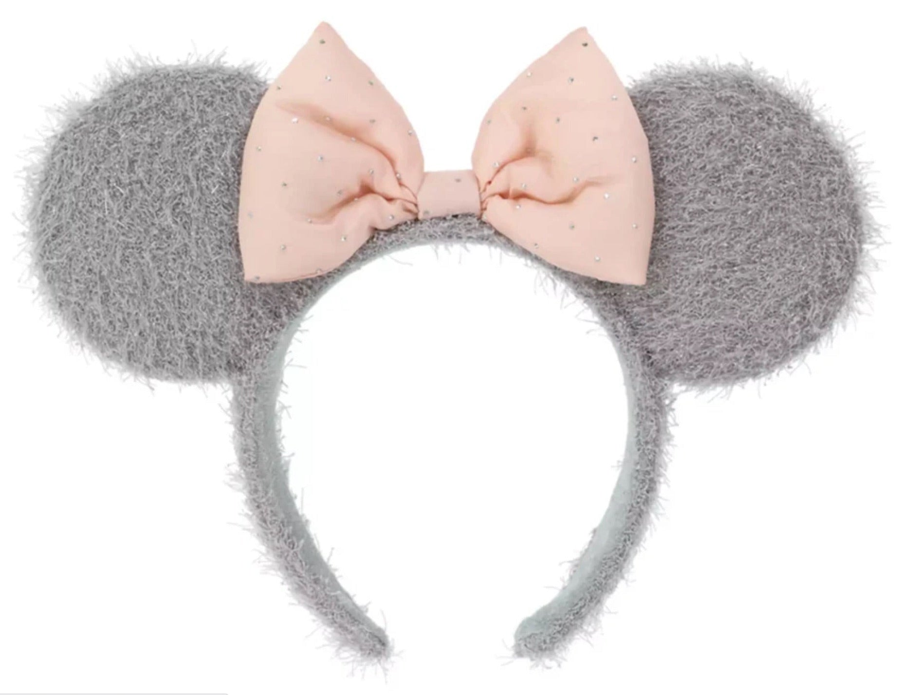 Gray fuzzy mouse ears with a pink bow on a white background