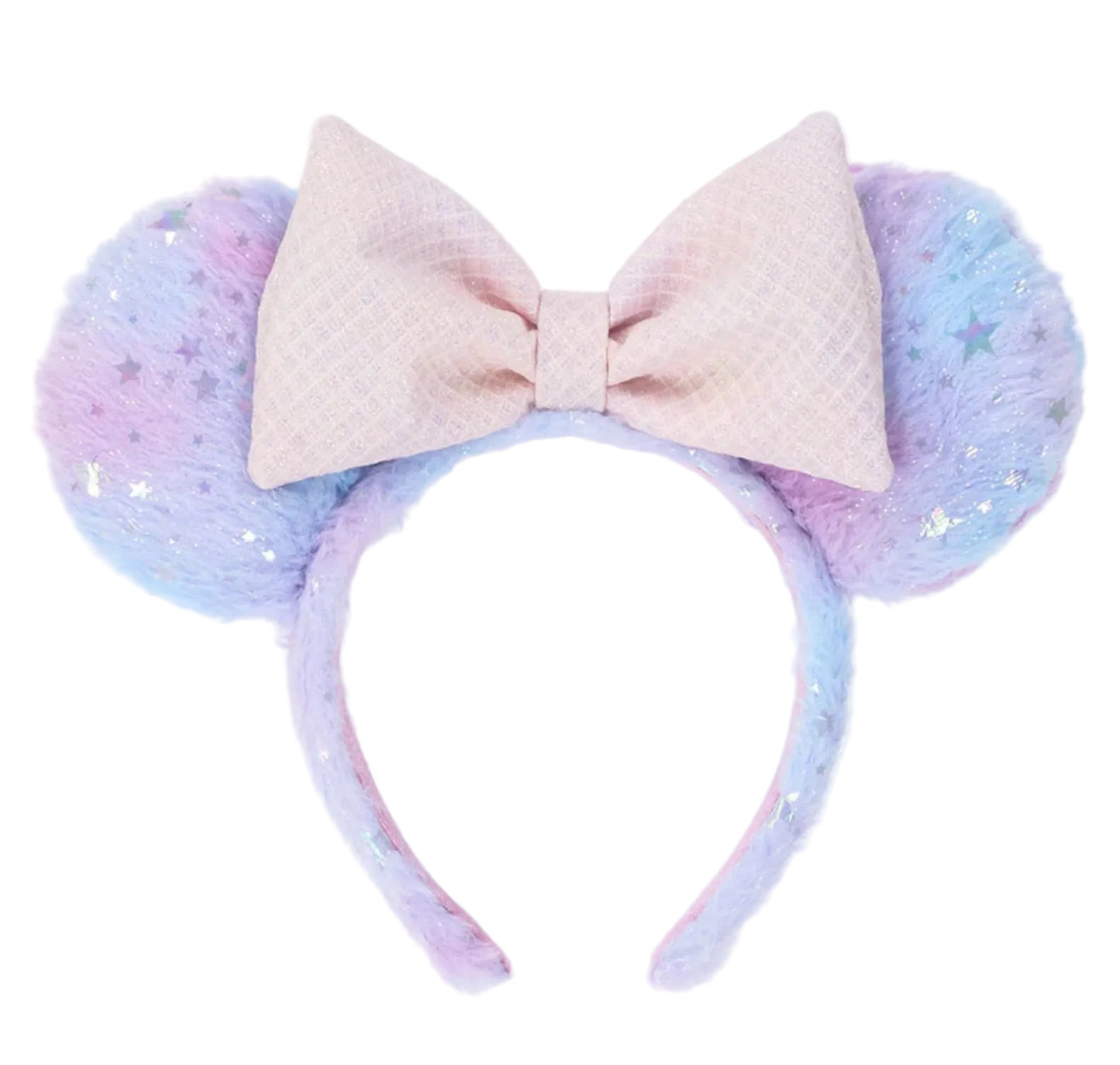 Pastel-colored headband with bow and fluffy ears on a white background