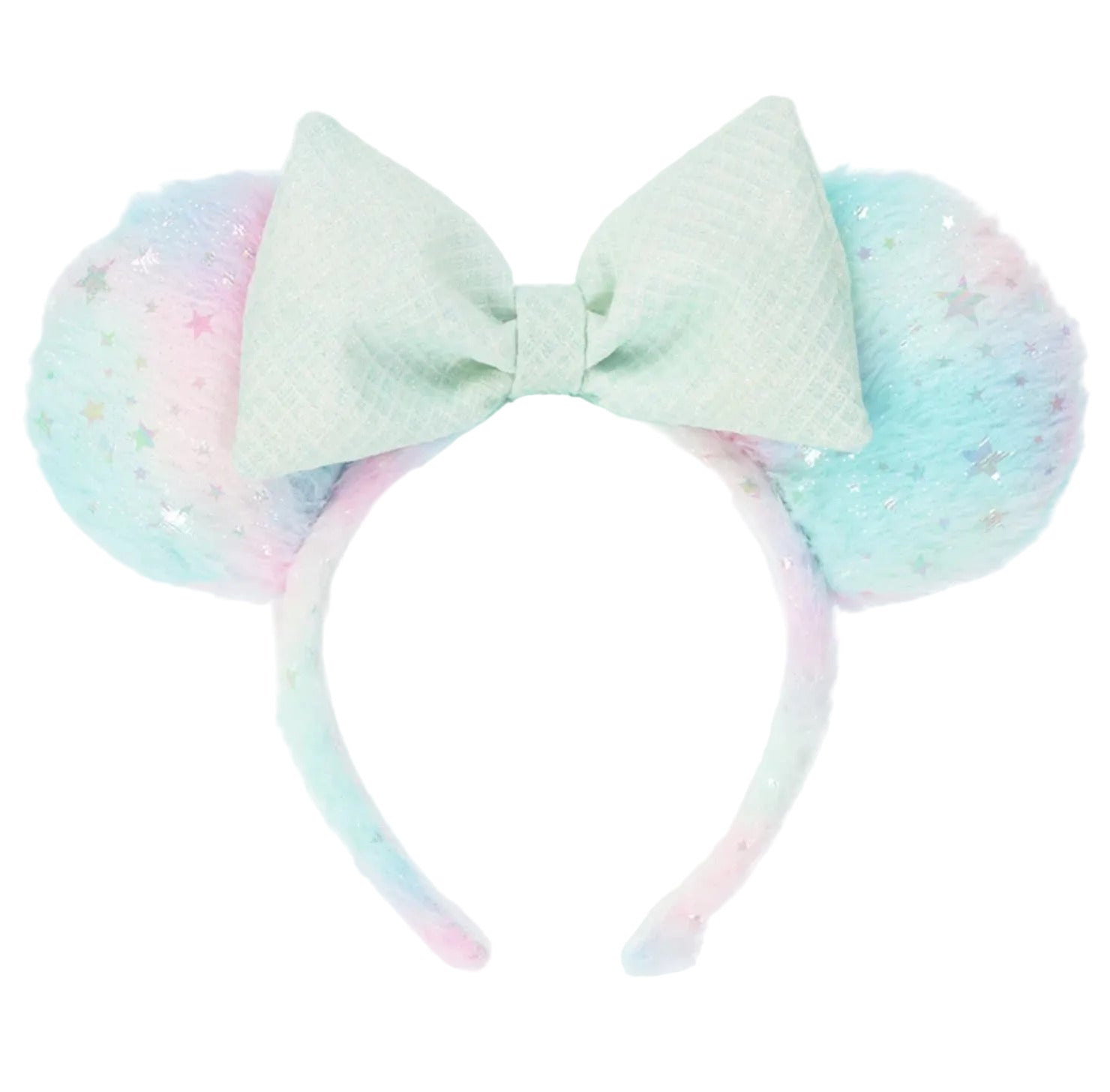 Pastel-colored bunny ears with a bow on a white background