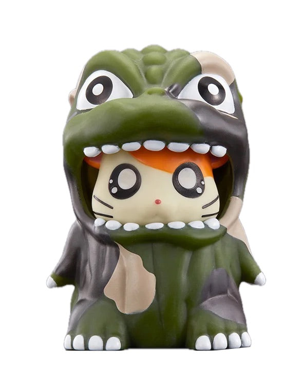Toy figure of a character with a dinosaur costume on a white background
