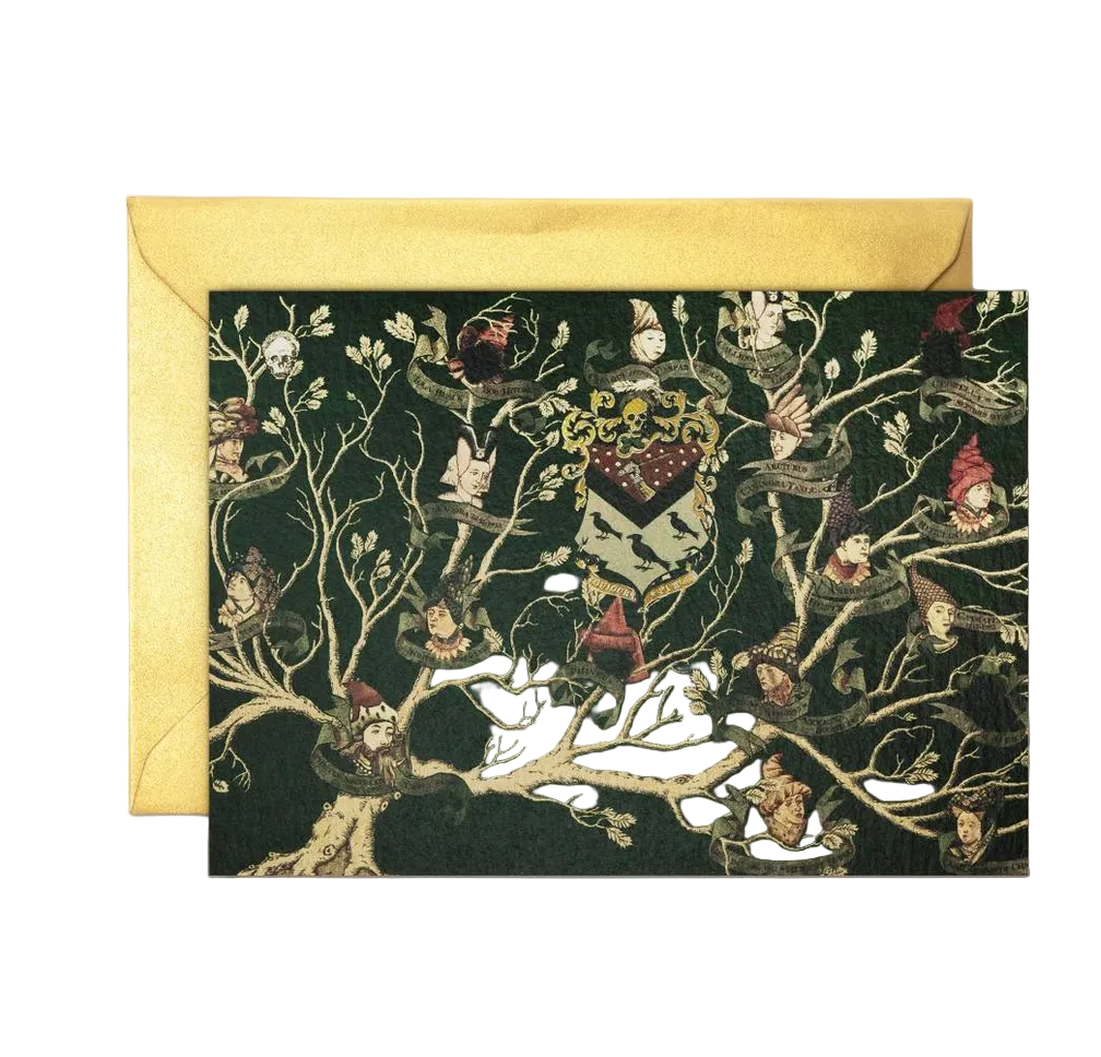 Greeting card with intricate design featuring hearts and branches on a dark background, accompanied by a gold envelope.