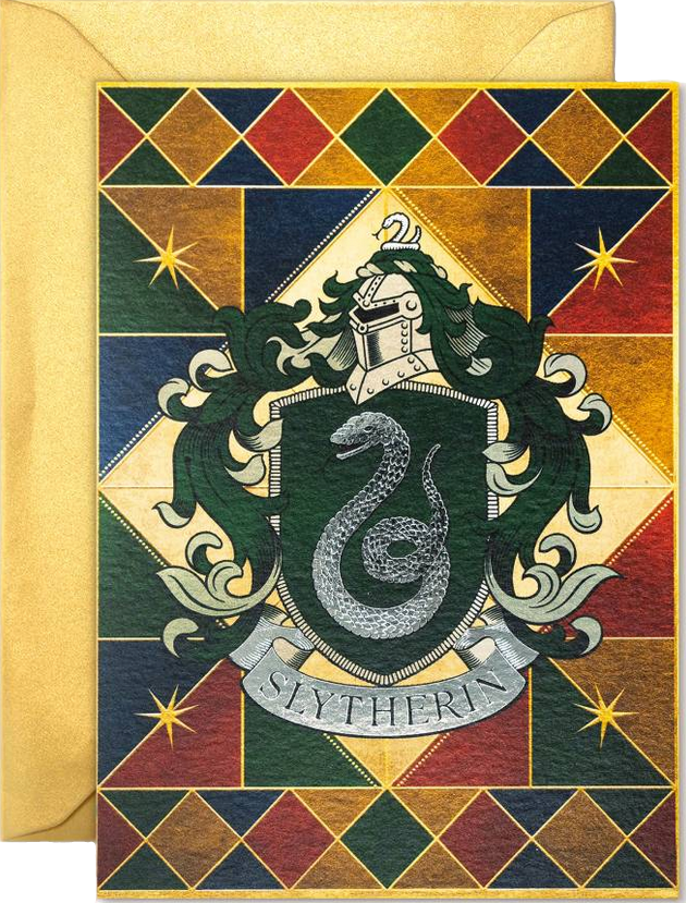 Slytherin crest card with geometric pattern on a white background