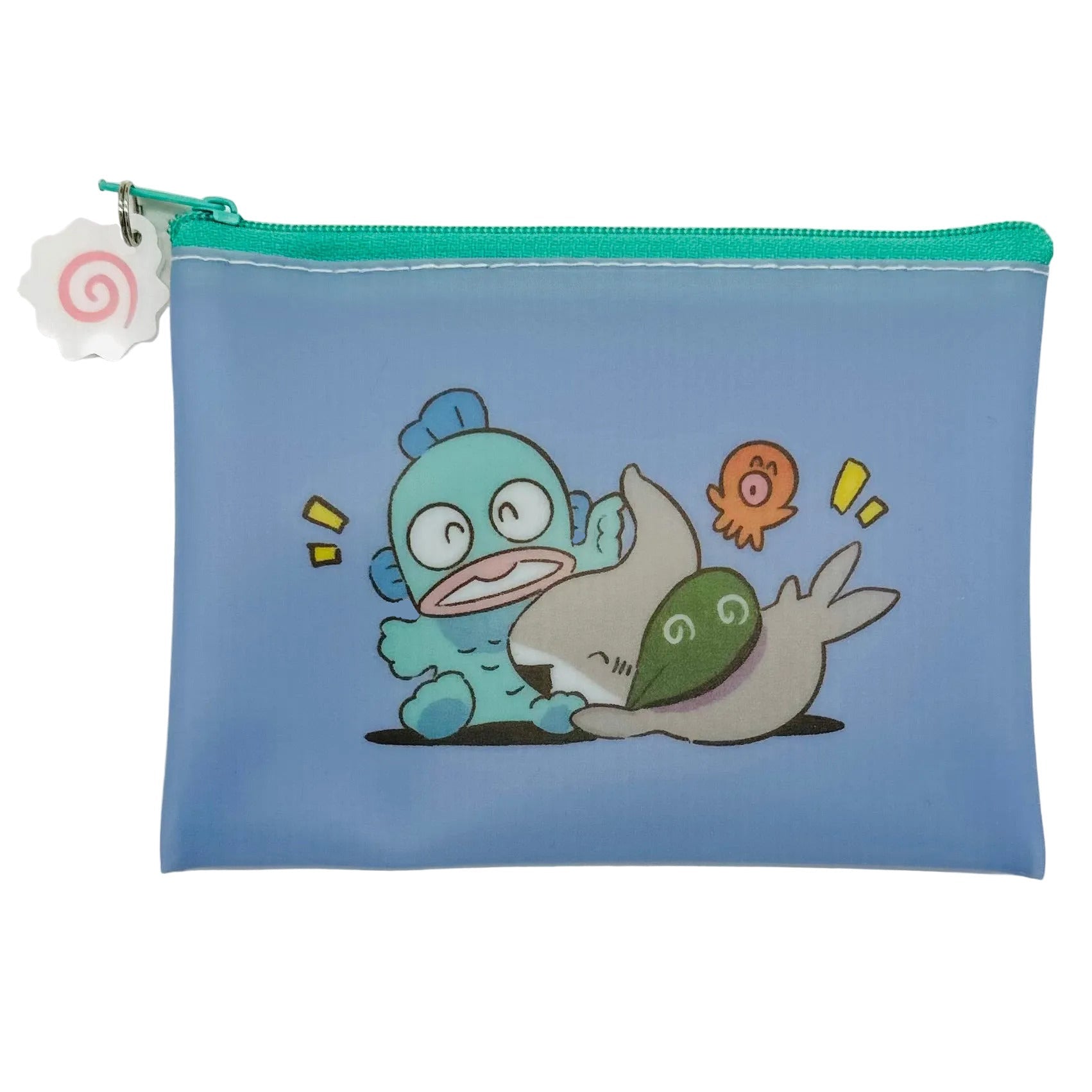 Pouch with cartoon characters on a light gray background