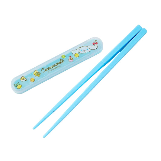 Light blue chopsticks with a matching case featuring illustrations on a white background