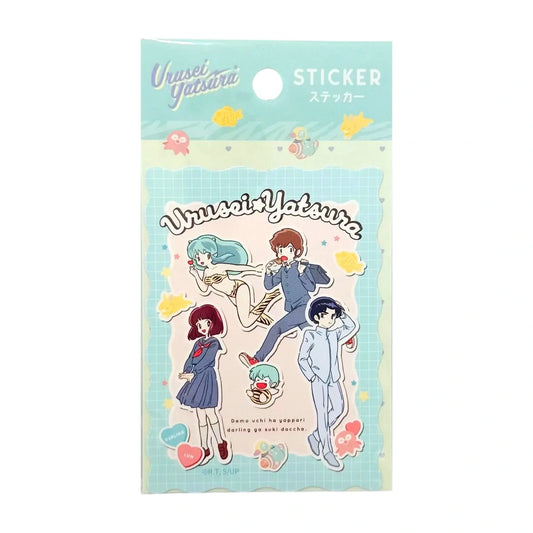 Sticker pack with cartoon characters on a pastel blue background